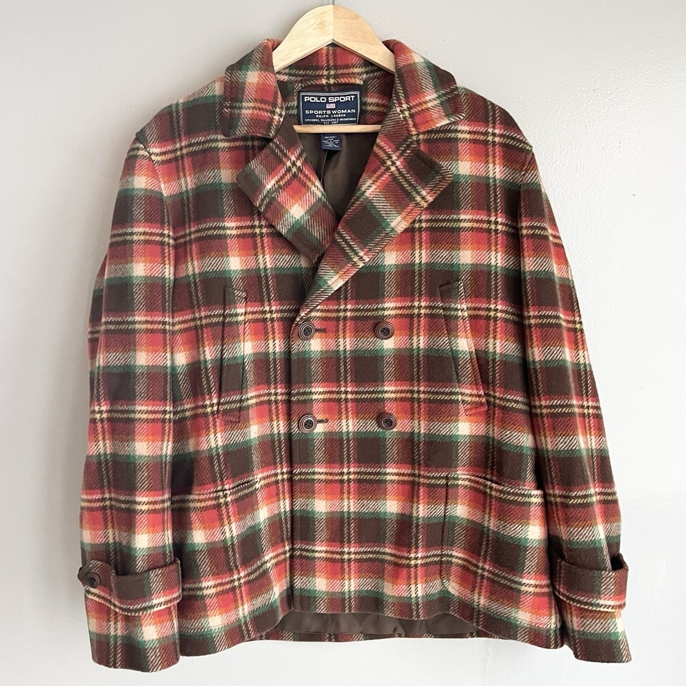 VTG Ralph Lauren Polo Sport Women's Plaid Wool Double Breasted Peacoat L *Read